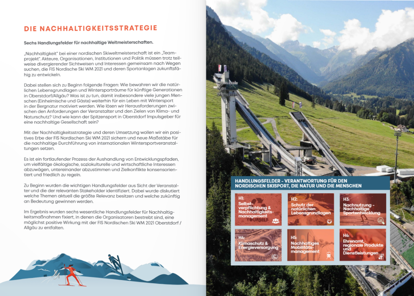 Innenseite des Nachhaltigkeitsreports der Nordischen SKi WM in Oberstdorf 2021 mit Fokus auf die Nachhaltigkeitsstrategie